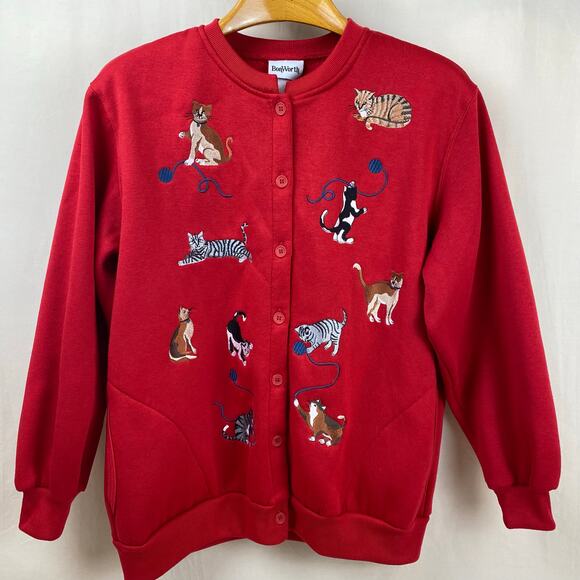 BonWorth Embroidered Cats Red Cotton Cardigan Button Up Sweatshirt w/ Pockets - Picture 1 of 9